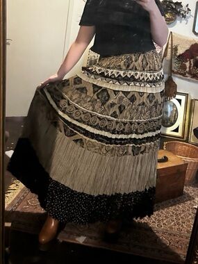 Cactus flower Bohemian Tiered Maxi Skirt in Black and Cream